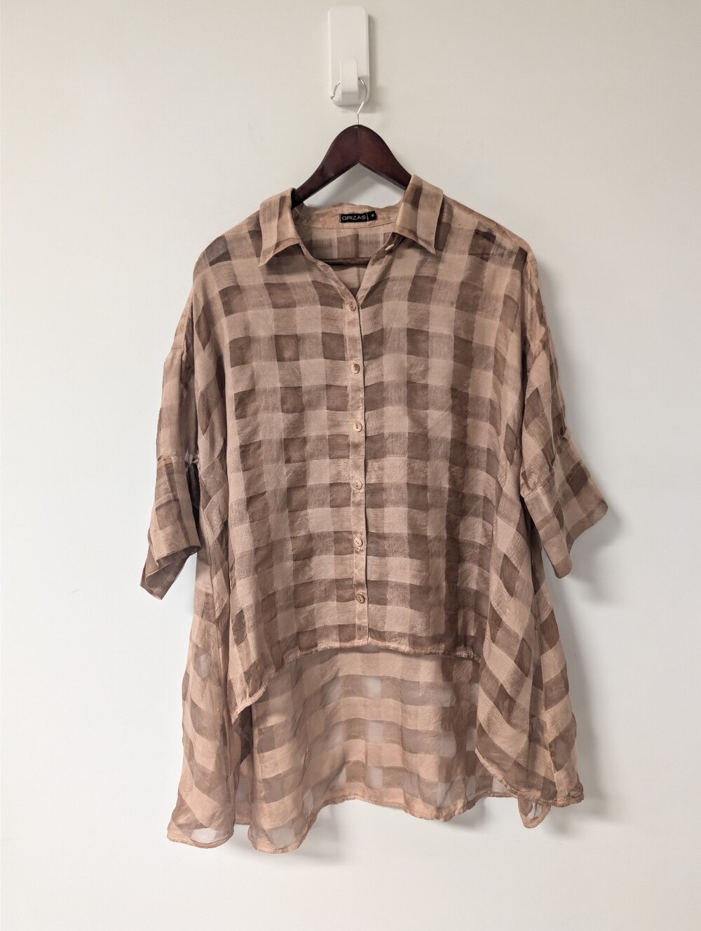Grizas Pink Beige Check Oversized Lightweight Button-Down Shirt